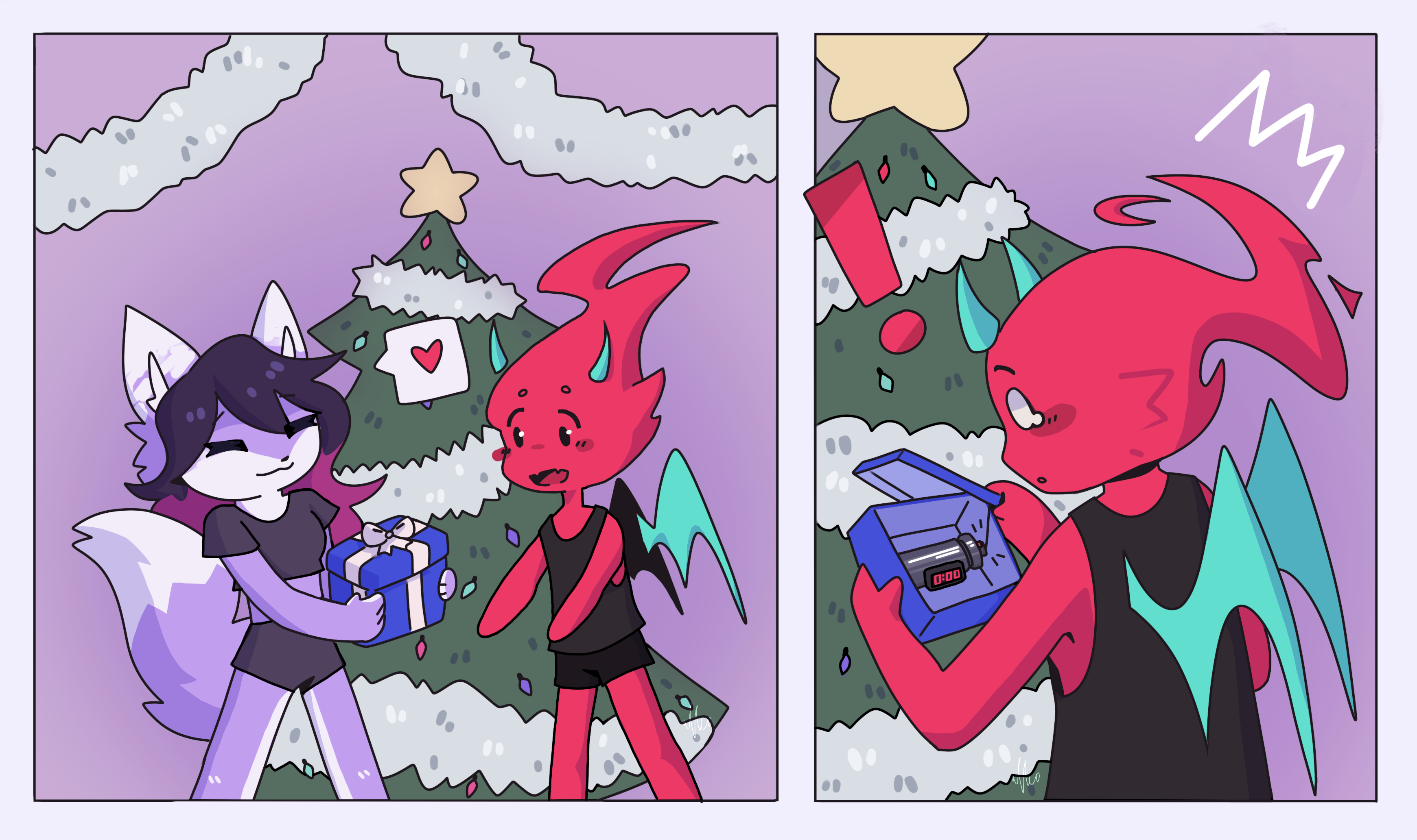 a pastel drawing. two comic panels. in the first, my fursona is handing a blue present to a red demon made of fire. a Christmas tree is in the background. in the second, it's an over the shoulder shot of the demon opening the present, which contains a pipe bomb about to explode